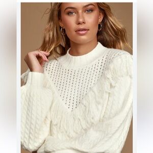 NWT Lulus Small Good Natured Ivory Cable Knit Fringe